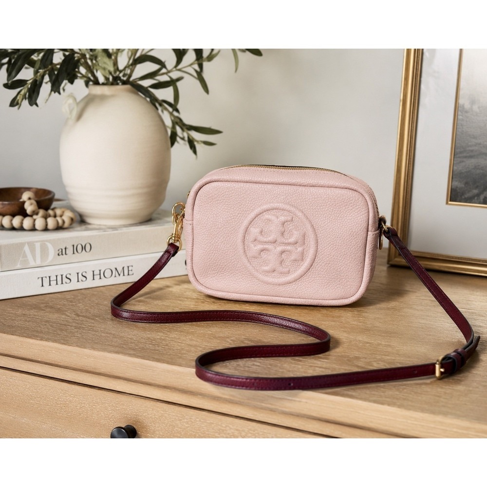 Tory Burch Perry‎ Bombe Mini Bag Shell Pink Wine Pebbled Leather Crossbody